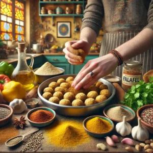 دستهای فرد در حال آمادهسازی مخلوط فلافل در آشپزخانه ایرانی