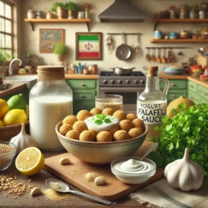 سس مخصوص فلافل، به همراه مواد اولیه مانند ماست، ارده، سیر، و لیمو