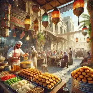 صحنه‌ای خیابانی از فروش فلافل در ایران با پرچم ایران
