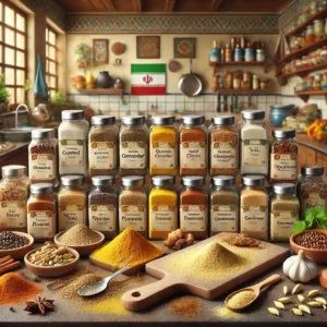 ادویههای مختلف برای تهیه فلافل، با برچسبهای نامگذاری شده در آشپزخانه ایرانی